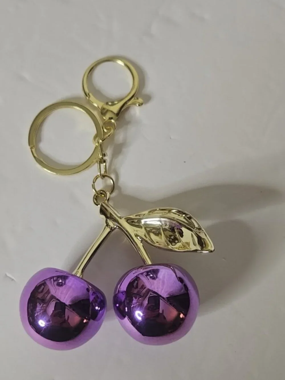 Y2K Metallic Purple Cherry Bag Charm & Keychain Gold Hardware